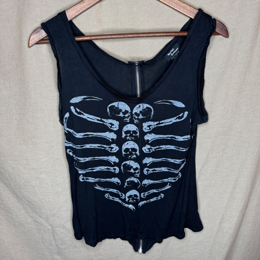 Teenage Runaway Black Skeleton Skull Glitter Top Full Back Zip Small Goth Punk